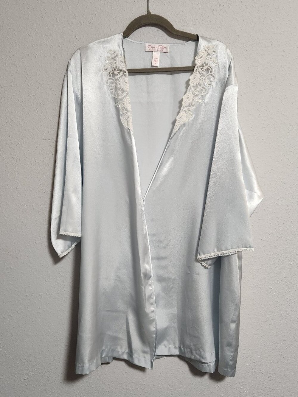 Oscar De La Renta | Pink Label Blue Satin Robe Lace Detail Nightgown Pockets